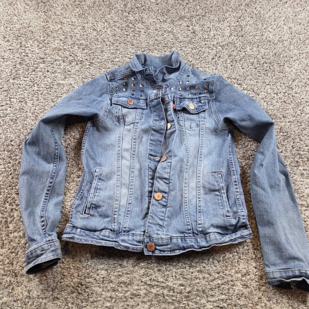 Levis Denim Jacket Girls XL Biker Trucker Collared Embellished Button Up